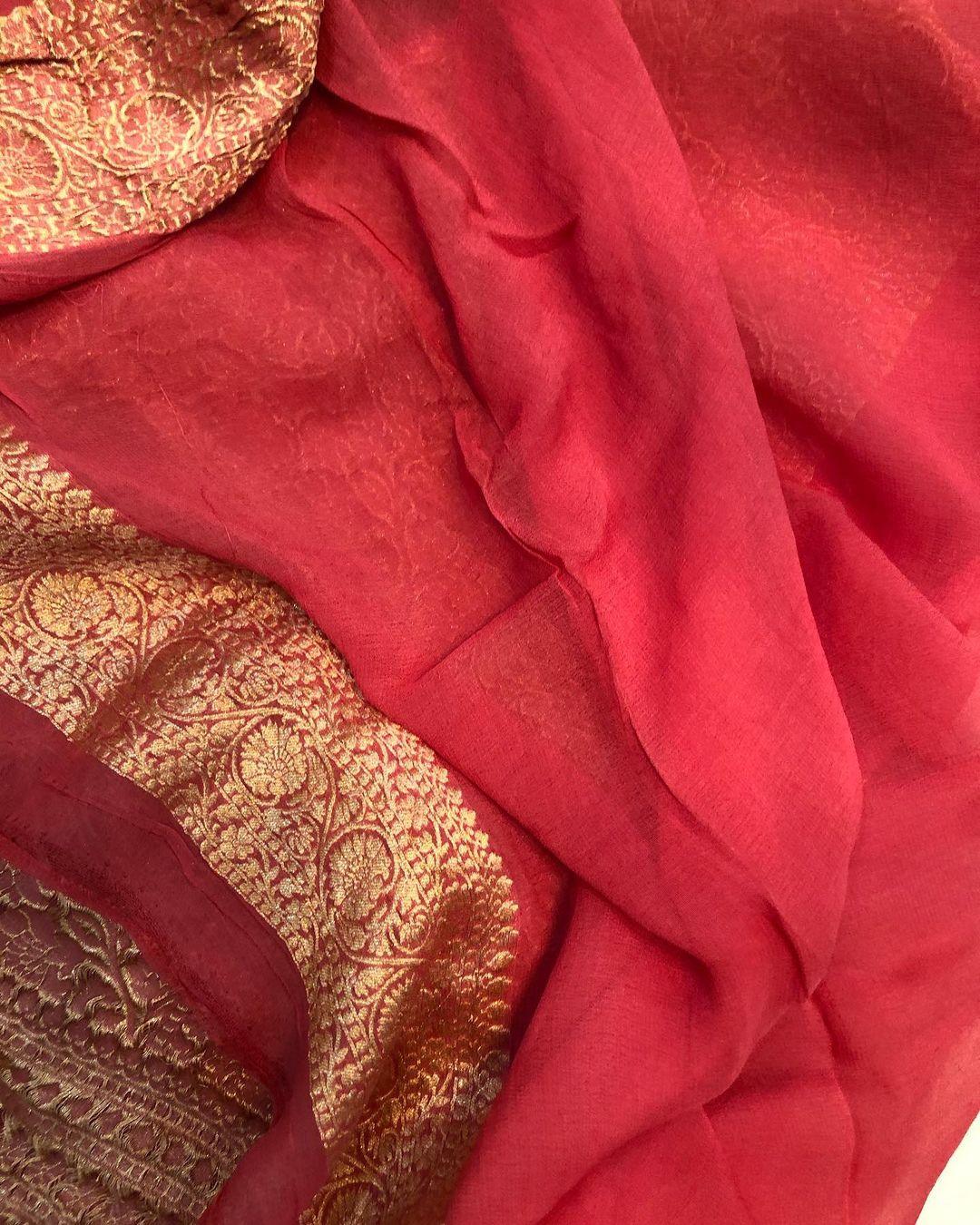 Strawberry Pink Banarasi Handloom Pure Khaddi Georgette Silk Saree - Aura Benaras