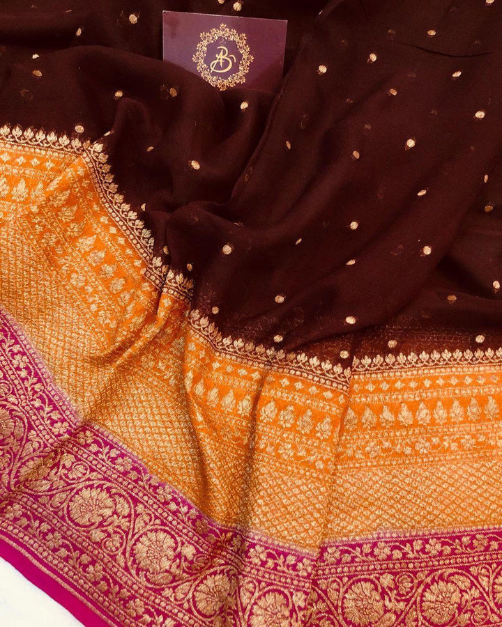 Deep Brown Banarasi Handloom Pure Khaddi Georgette Silk Saree - Aura Benaras
