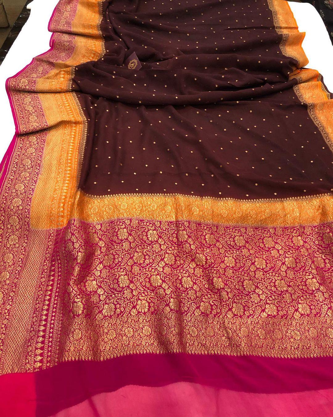 Deep Brown Banarasi Handloom Pure Khaddi Georgette Silk Saree - Aura Benaras