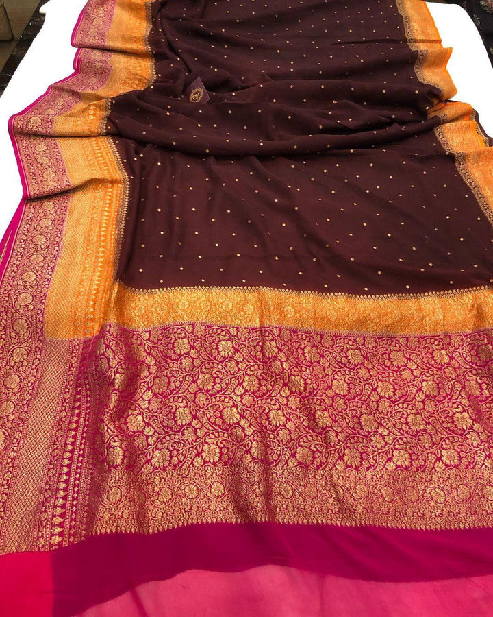 Deep Brown Banarasi Handloom Pure Khaddi Georgette Silk Saree - Aura Benaras