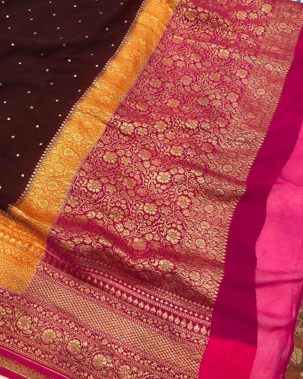Deep Brown Banarasi Handloom Pure Khaddi Georgette Silk Saree - Aura Benaras