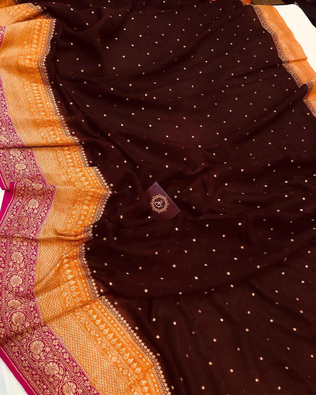 Deep Brown Banarasi Handloom Pure Khaddi Georgette Silk Saree - Aura Benaras
