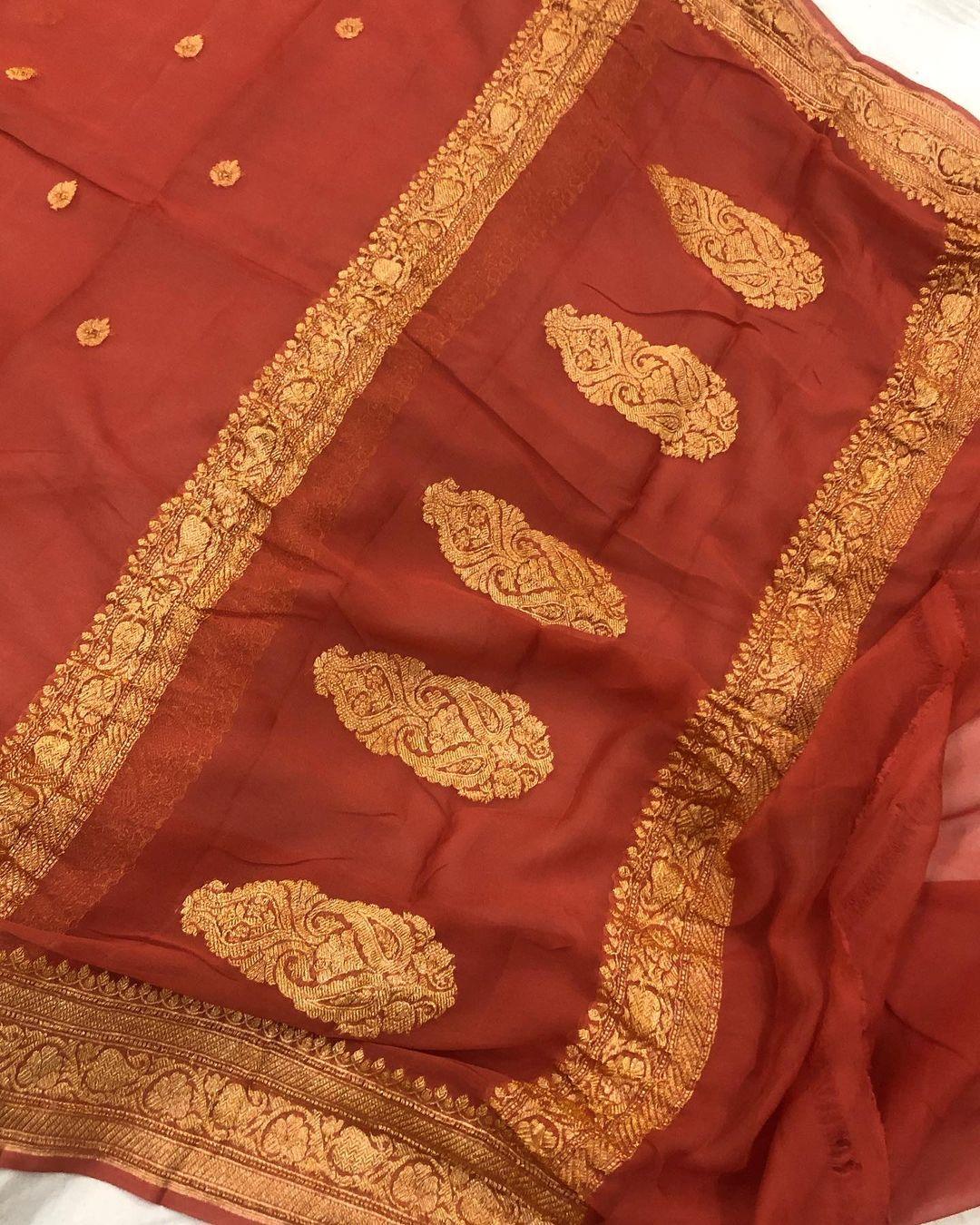 Earthy Orange Khaddi Chiffon Banarasi Handloom Saree - Aura Benaras