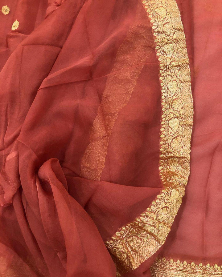 Earthy Orange Khaddi Chiffon Banarasi Handloom Saree - Aura Benaras