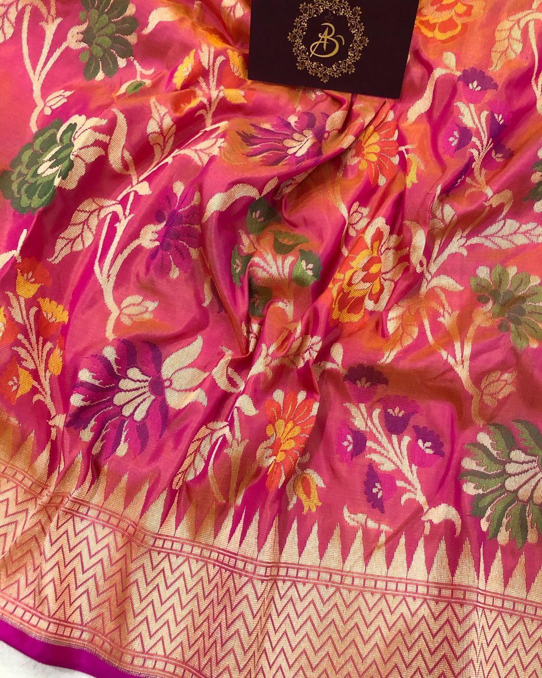 Pink-Orange Meenakari Handloom Katan Silk Saree - Aura Benaras