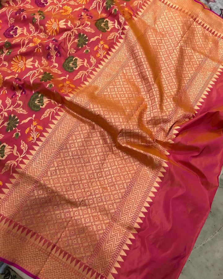 Pink-Orange Meenakari Handloom Katan Silk Saree - Aura Benaras
