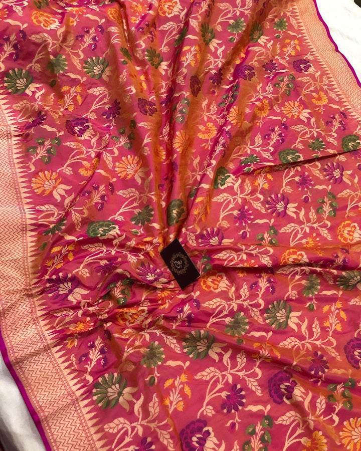 Pink-Orange Meenakari Handloom Katan Silk Saree - Aura Benaras