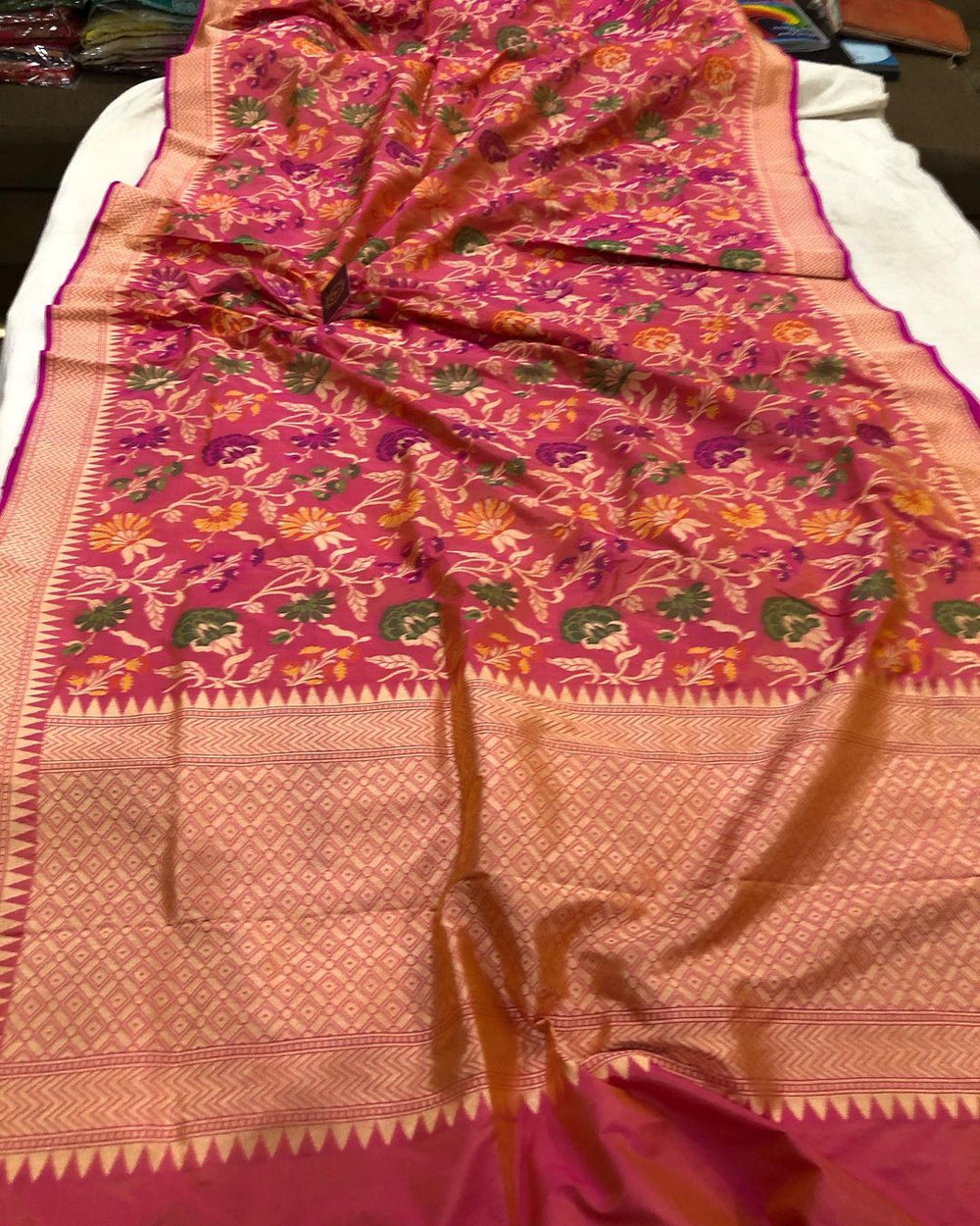 Pink-Orange Meenakari Handloom Katan Silk Saree - Aura Benaras