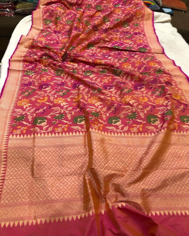 Pink-Orange Meenakari Handloom Katan Silk Saree - Aura Benaras
