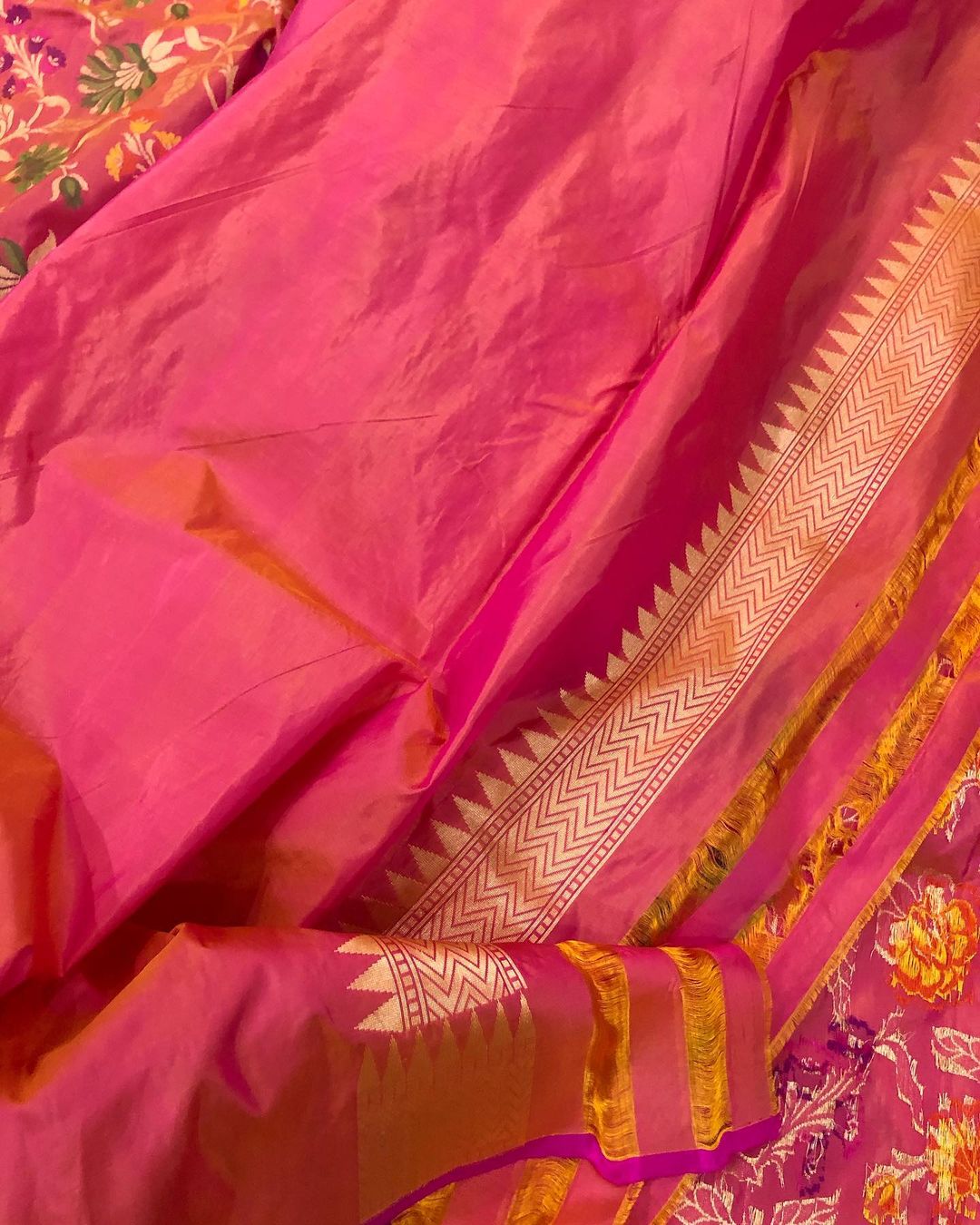 Pink-Orange Meenakari Handloom Katan Silk Saree - Aura Benaras