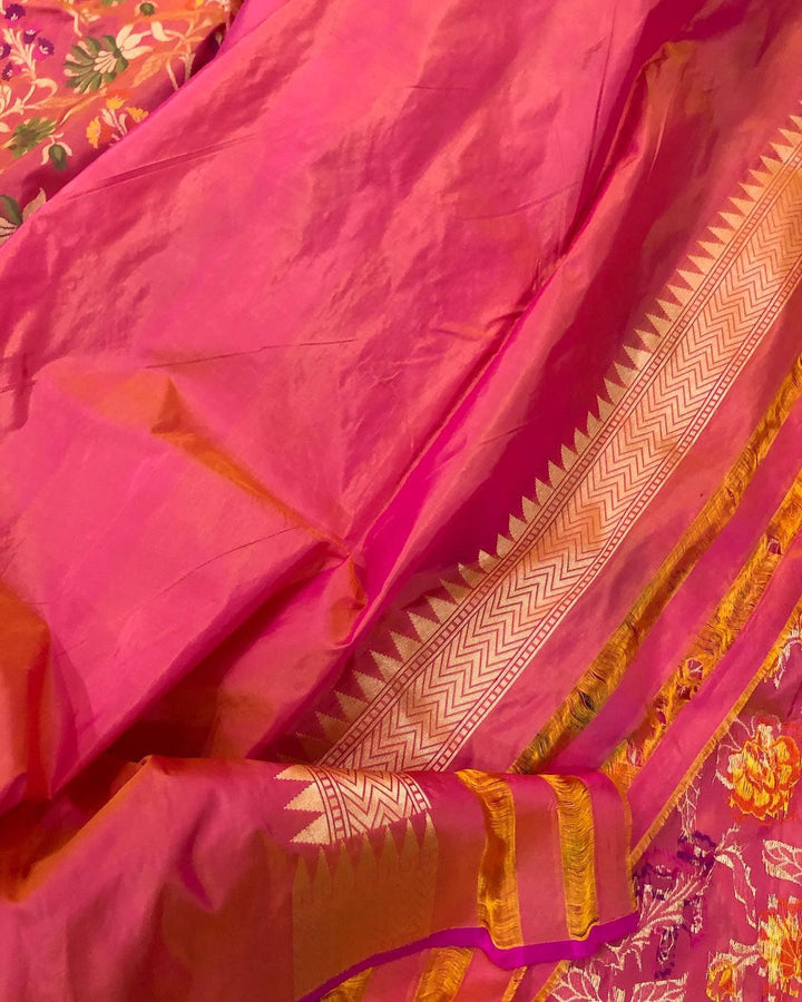Pink-Orange Meenakari Handloom Katan Silk Saree - Aura Benaras