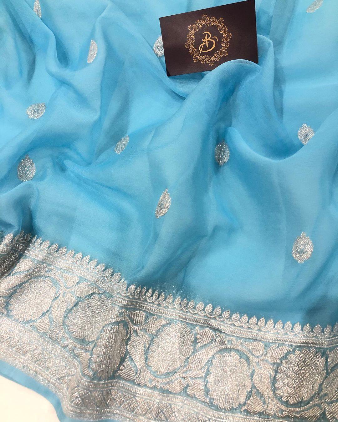 Powder Blue Khaddi Chiffon Banarasi Handloom Saree - Aura Benaras