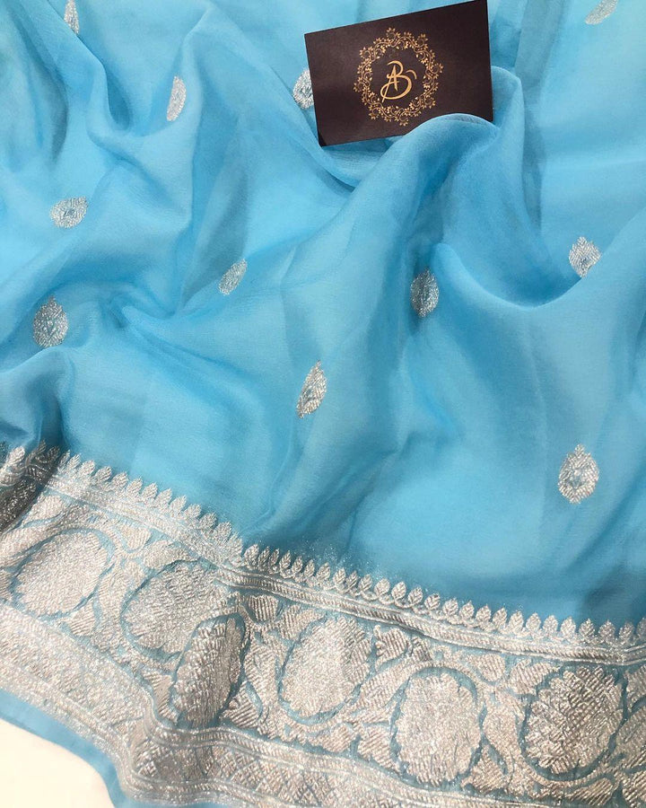 Powder Blue Khaddi Chiffon Banarasi Handloom Saree - Aura Benaras