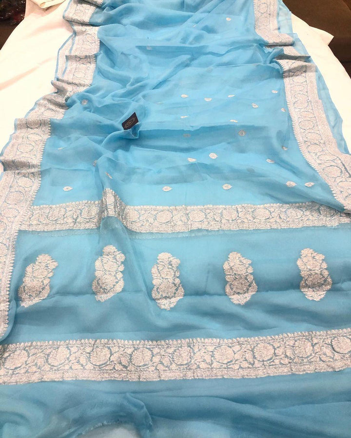 Powder Blue Khaddi Chiffon Banarasi Handloom Saree - Aura Benaras