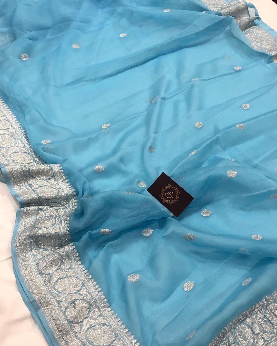 Powder Blue Khaddi Chiffon Banarasi Handloom Saree - Aura Benaras