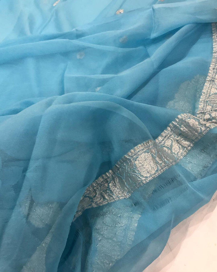 Powder Blue Khaddi Chiffon Banarasi Handloom Saree - Aura Benaras
