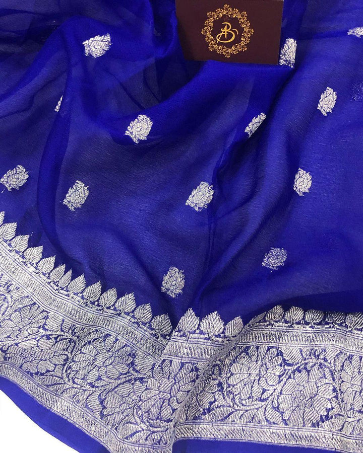 Royal Blue Banarasi Handloom Pure Georgette Silk Saree - Aura Benaras