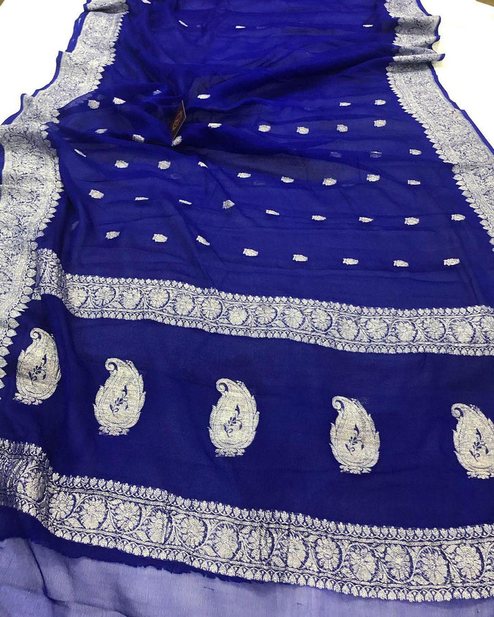 Royal Blue Banarasi Handloom Pure Georgette Silk Saree - Aura Benaras