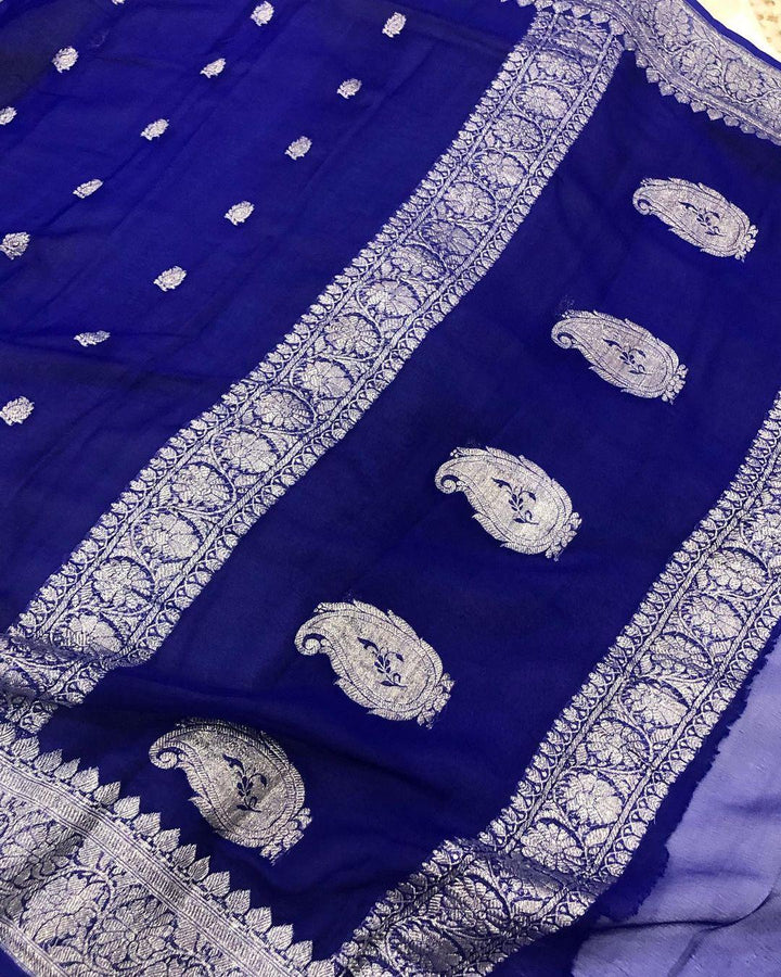 Royal Blue Banarasi Handloom Pure Georgette Silk Saree - Aura Benaras