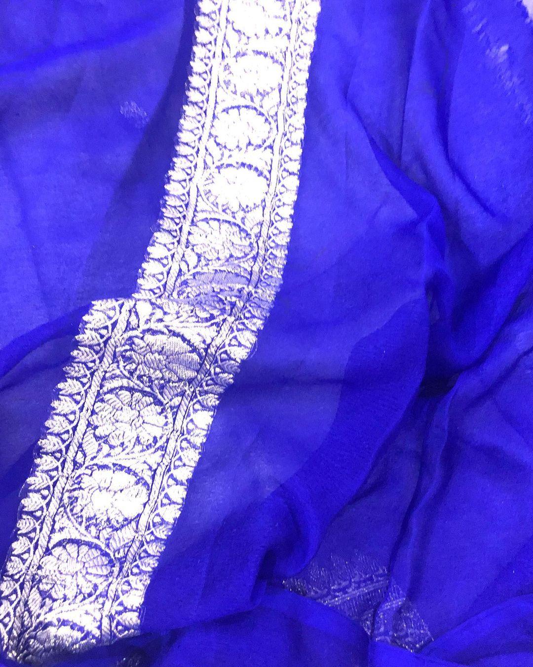 Royal Blue Banarasi Handloom Pure Georgette Silk Saree - Aura Benaras