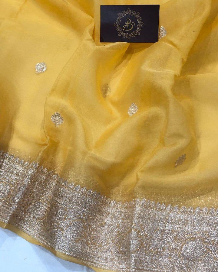 Mango Yellow Khaddi Chiffon Banarasi Handloom Saree - Aura Benaras