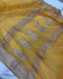 Mango Yellow Khaddi Chiffon Banarasi Handloom Saree - Aura Benaras
