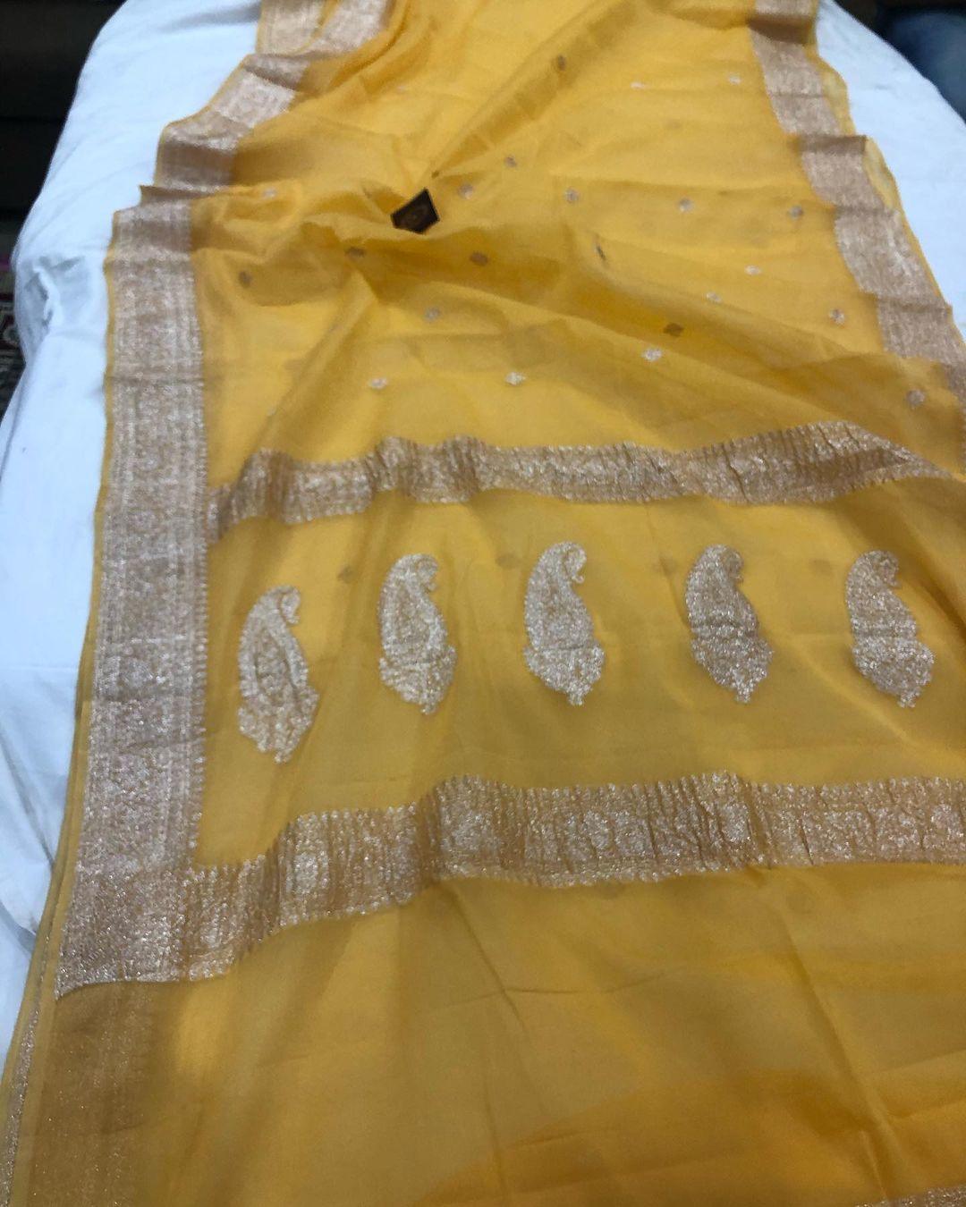 Mango Yellow Khaddi Chiffon Banarasi Handloom Saree - Aura Benaras
