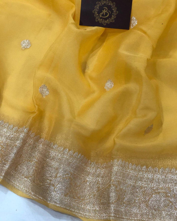 Mango Yellow Khaddi Chiffon Banarasi Handloom Saree - Aura Benaras