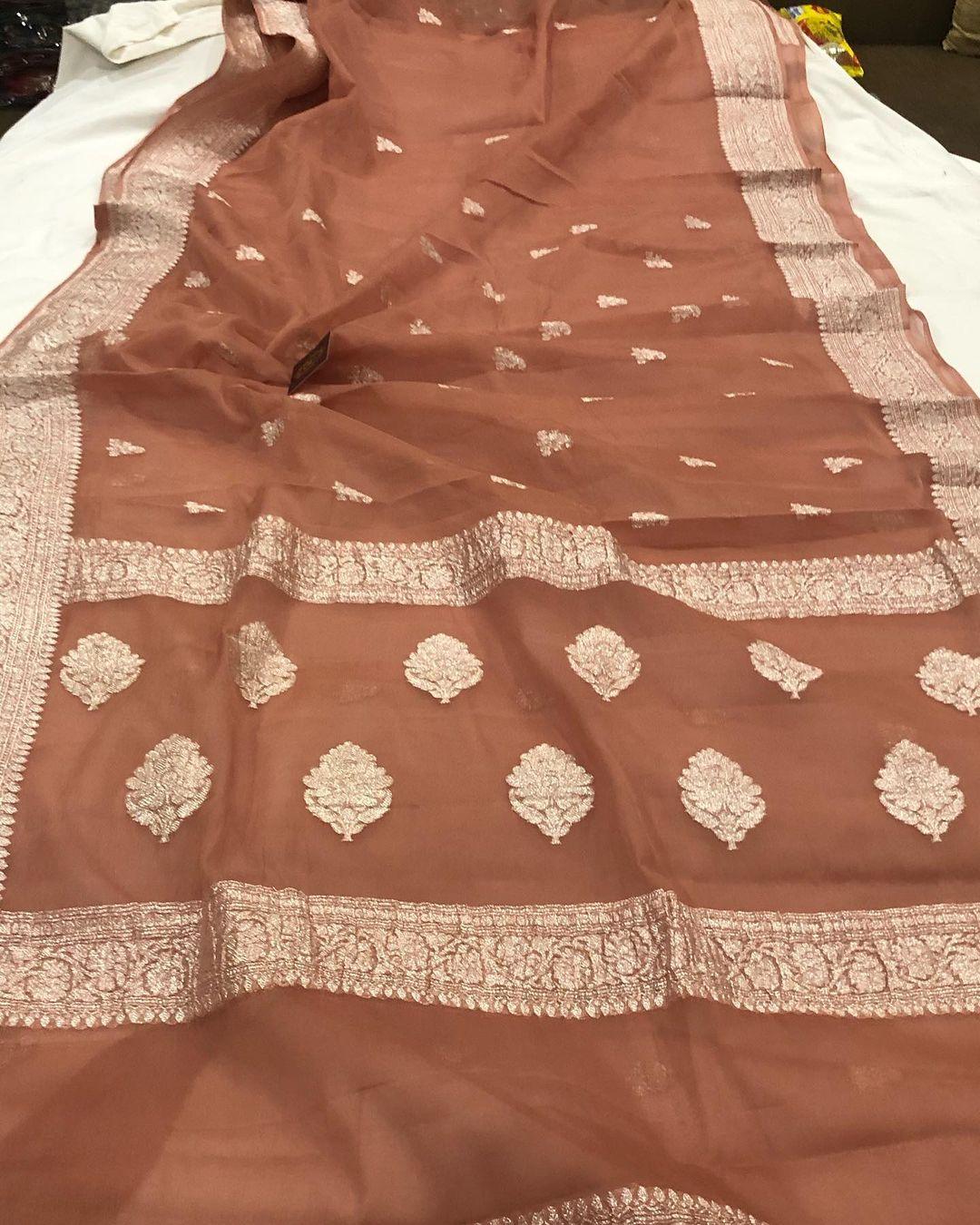 Inventive Orange Khaddi Chiffon Banarasi Handloom Saree - Aura Benaras