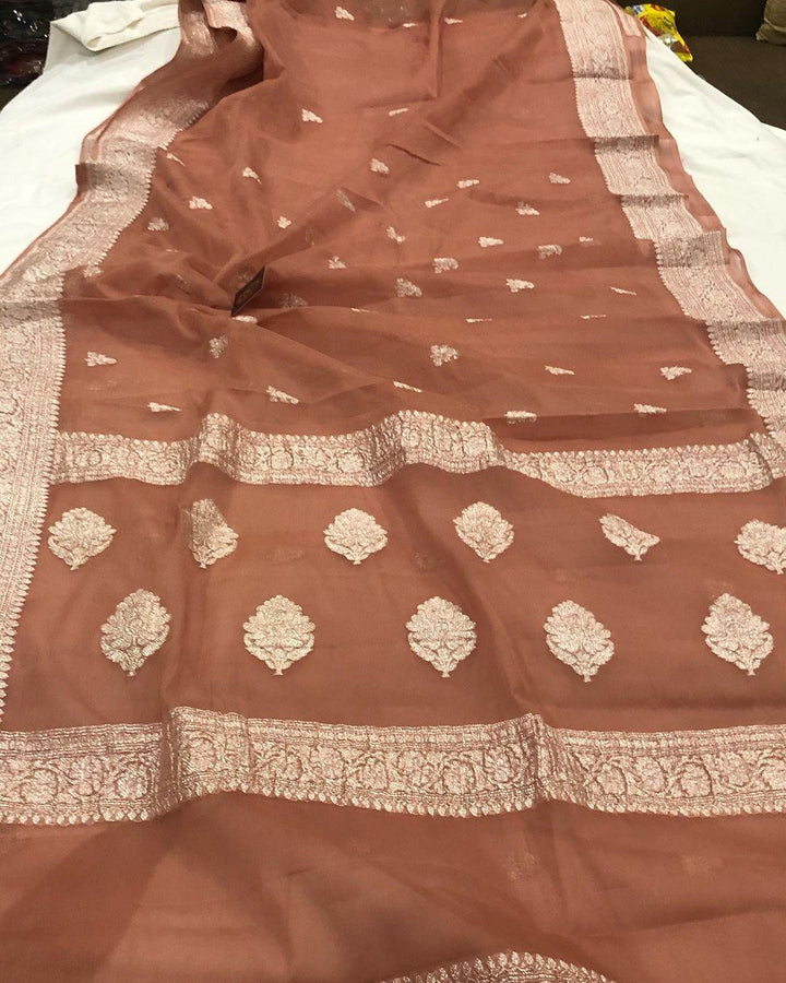 Inventive Orange Khaddi Chiffon Banarasi Handloom Saree - Aura Benaras