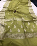 Pear Green Banarasi Handloom Pure Georgette Silk Saree - Aura Benaras
