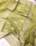 Pear Green Banarasi Handloom Pure Georgette Silk Saree - Aura Benaras