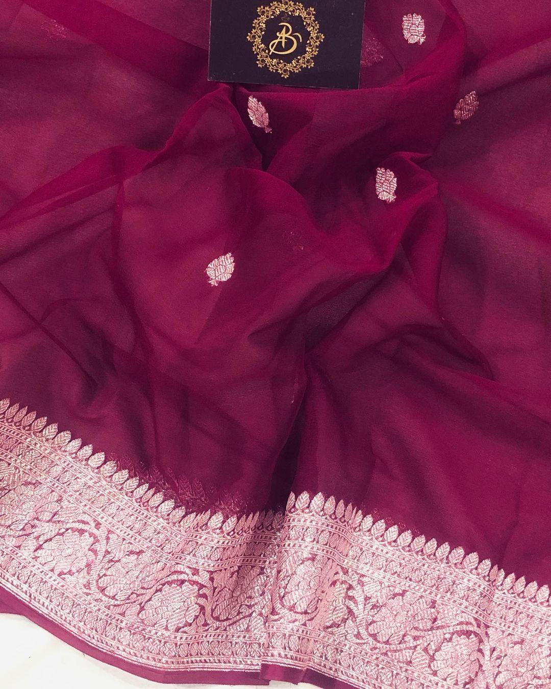 Wine Banarasi Handloom Pure Georgette Silk Saree - Aura Benaras