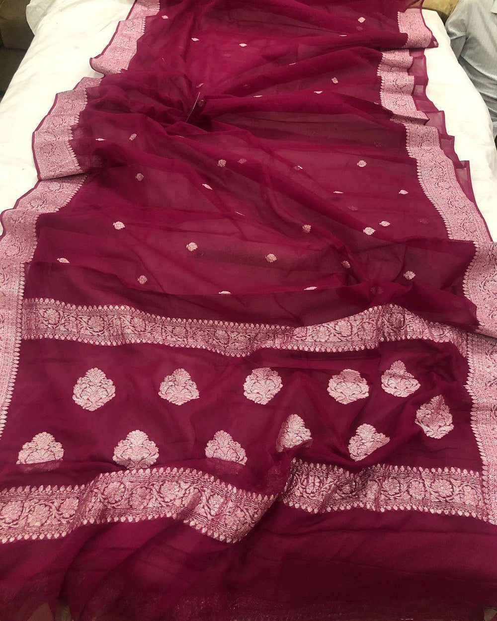 Wine Banarasi Handloom Pure Georgette Silk Saree - Aura Benaras