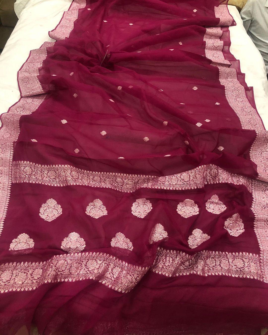 Wine Banarasi Handloom Pure Georgette Silk Saree - Aura Benaras