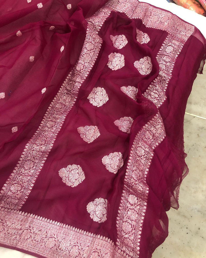 Wine Banarasi Handloom Pure Georgette Silk Saree - Aura Benaras