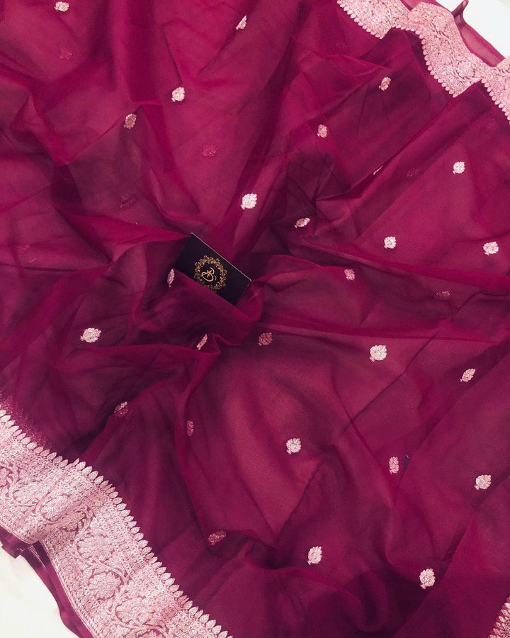 Wine Banarasi Handloom Pure Georgette Silk Saree - Aura Benaras