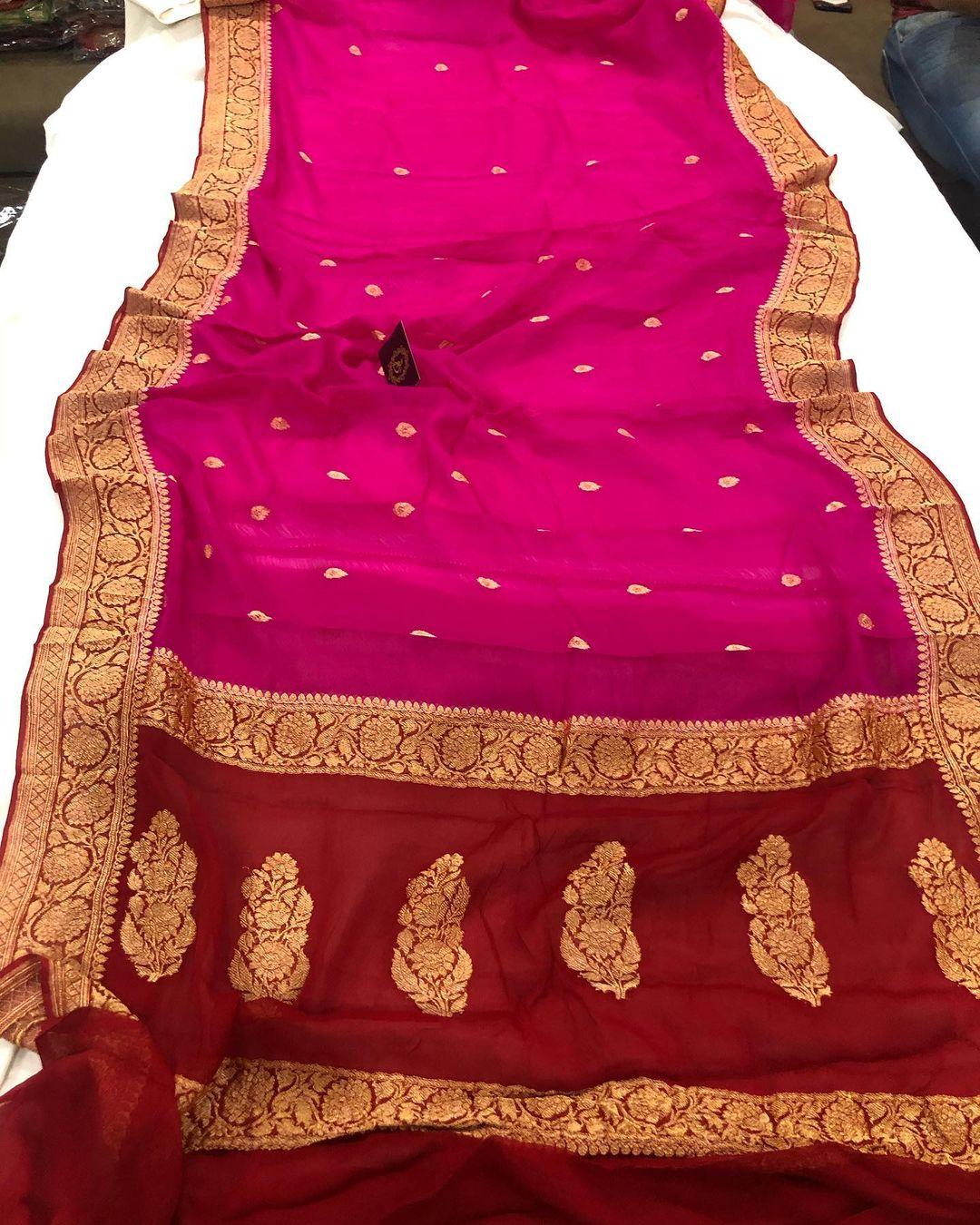 Pink Banarasi Handloom Pure Georgette Silk Saree - Aura Benaras