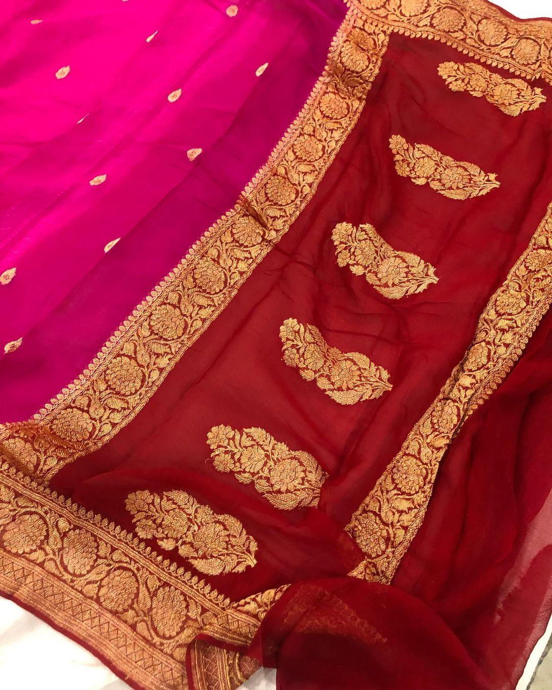 Pink Banarasi Handloom Pure Georgette Silk Saree - Aura Benaras
