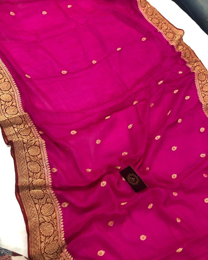 Pink Banarasi Handloom Pure Georgette Silk Saree - Aura Benaras