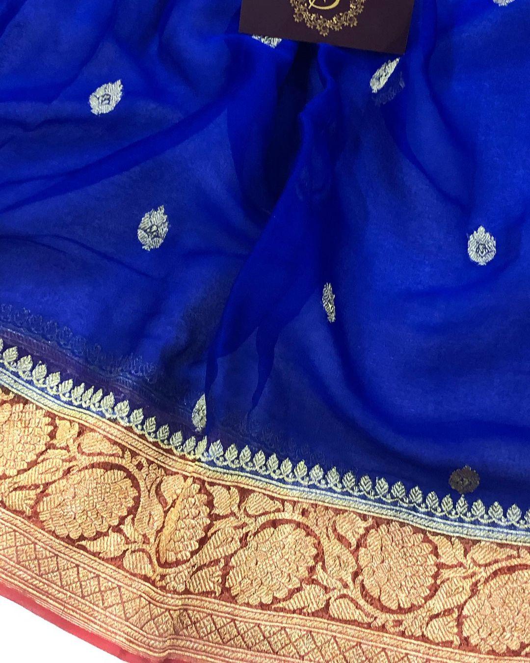 Royal Blue Banarasi Handloom Pure Georgette Silk Saree - Aura Benaras