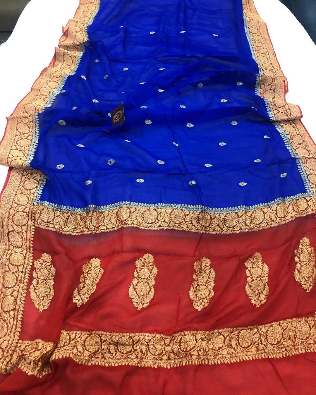 Royal Blue Banarasi Handloom Pure Georgette Silk Saree - Aura Benaras