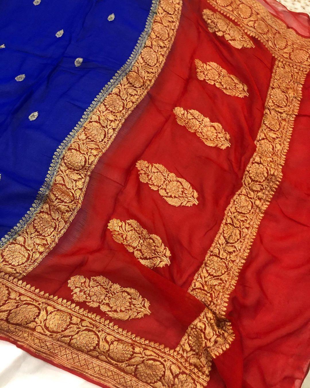 Royal Blue Banarasi Handloom Pure Georgette Silk Saree - Aura Benaras