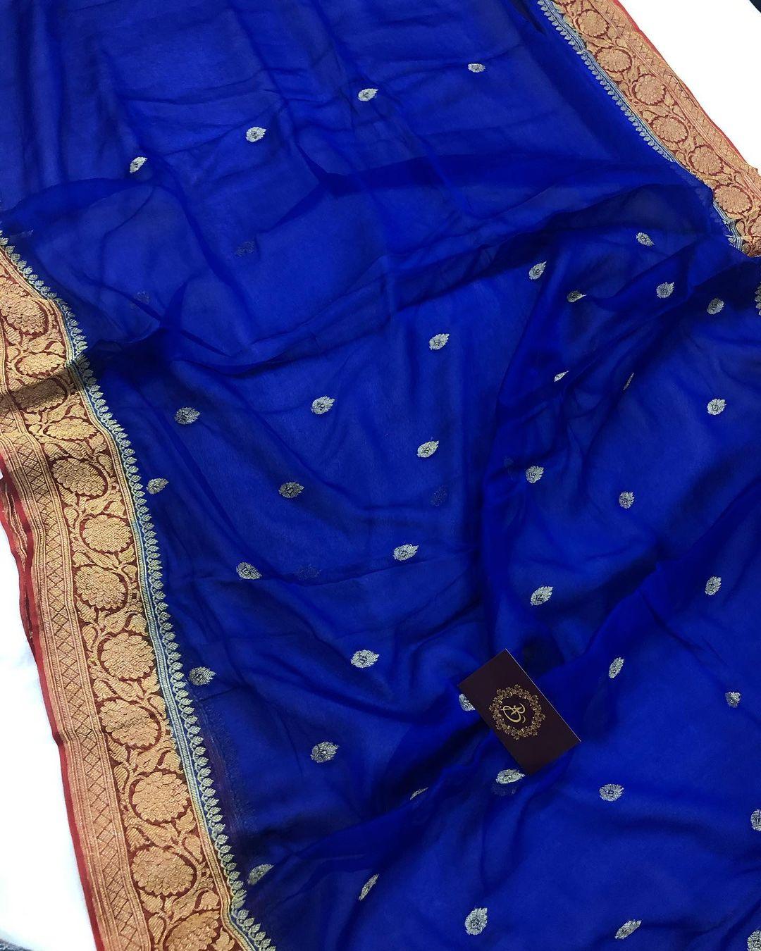Royal Blue Banarasi Handloom Pure Georgette Silk Saree - Aura Benaras