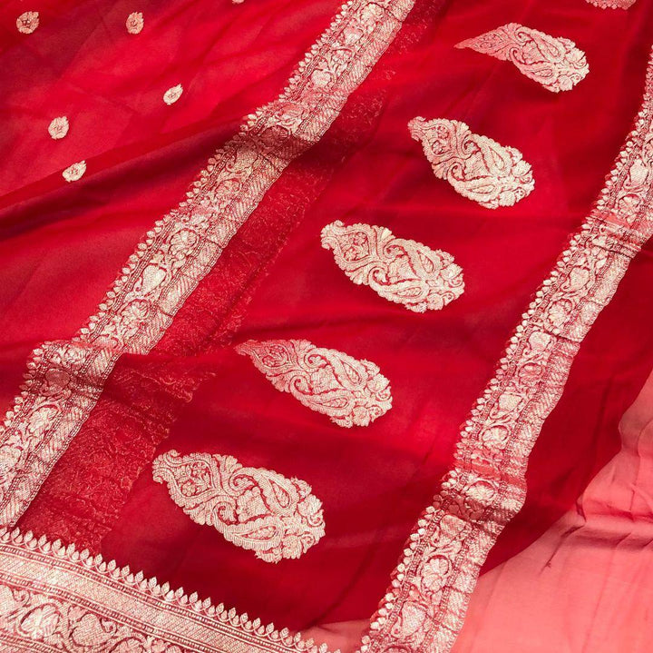 Chili Red Banarasi Handloom Pure Georgette Silk Saree - Aura Benaras