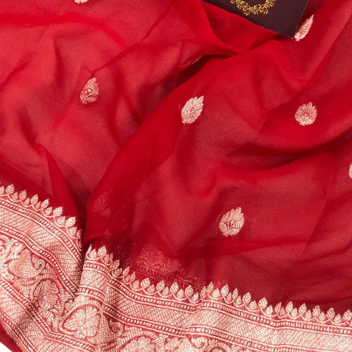 Chili Red Banarasi Handloom Pure Georgette Silk Saree - Aura Benaras