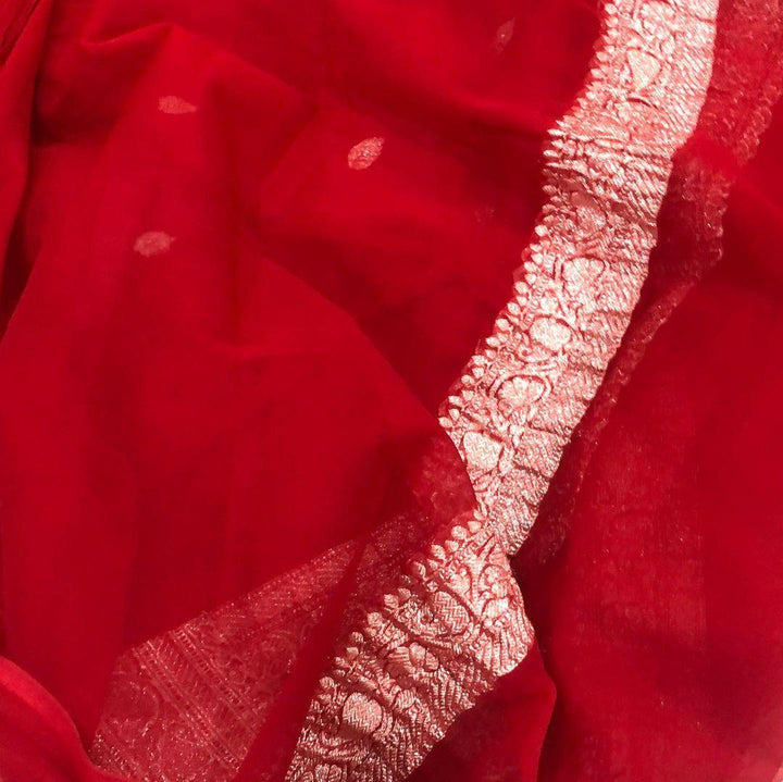 Chili Red Banarasi Handloom Pure Georgette Silk Saree - Aura Benaras
