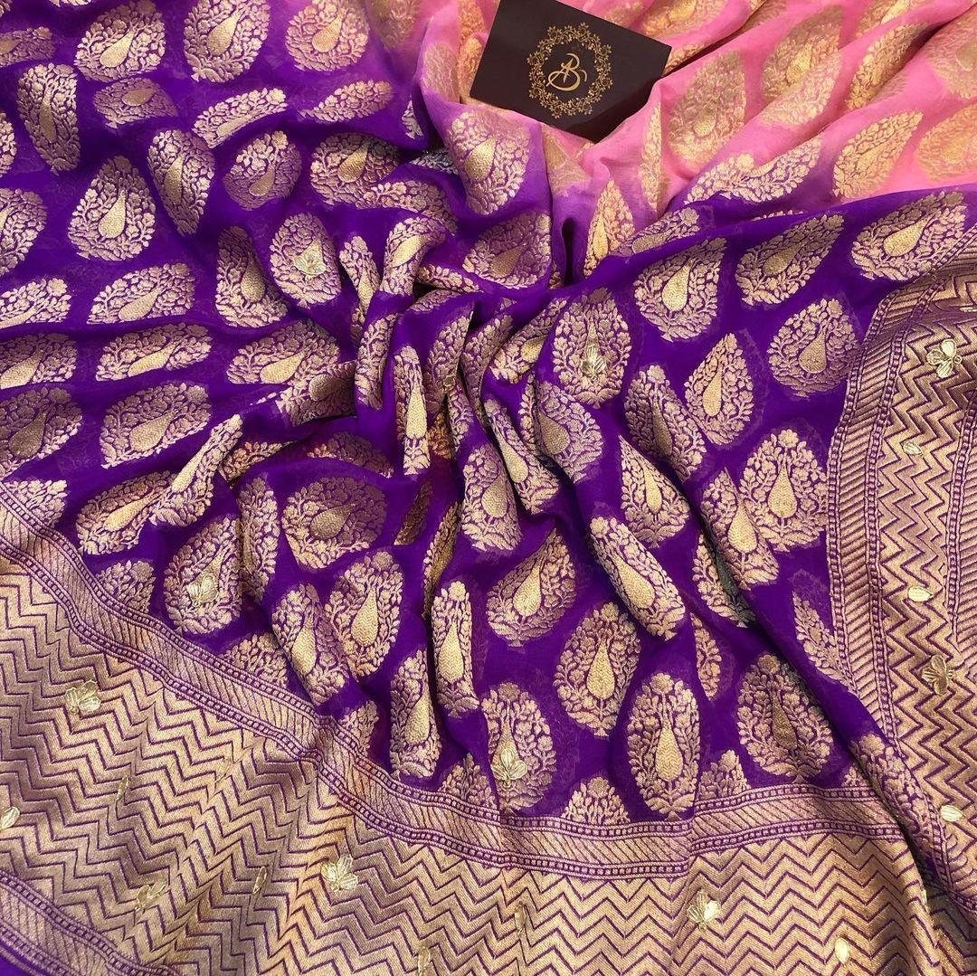 Pink Purple Zardozi Handloom Pure Georgette Silk Saree - Aura Benaras