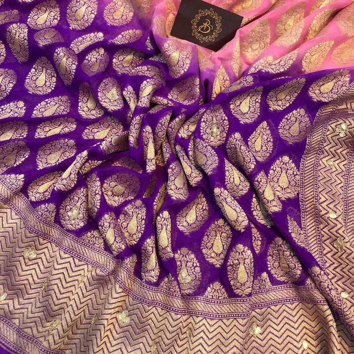 Pink Purple Zardozi Handloom Pure Georgette Silk Saree - Aura Benaras