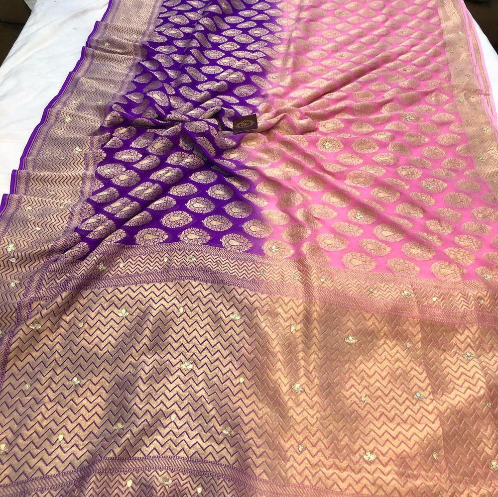 Pink Purple Zardozi Handloom Pure Georgette Silk Saree - Aura Benaras